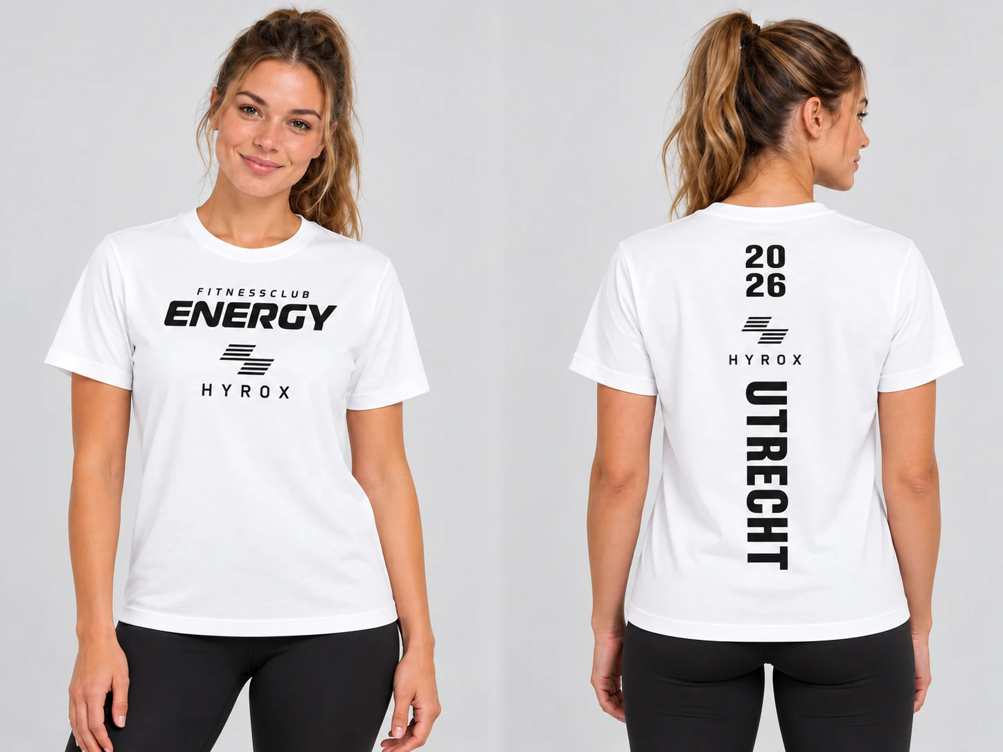 Dames T-shirt wit, voor- en achterzijde, Fitnessclub Energy HYROX Utrecht 2026