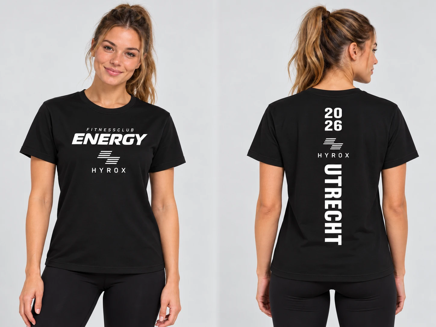 Dames T-shirt zwart, voor- en achterzijde, Fitnessclub Energy HYROX Utrecht 2026