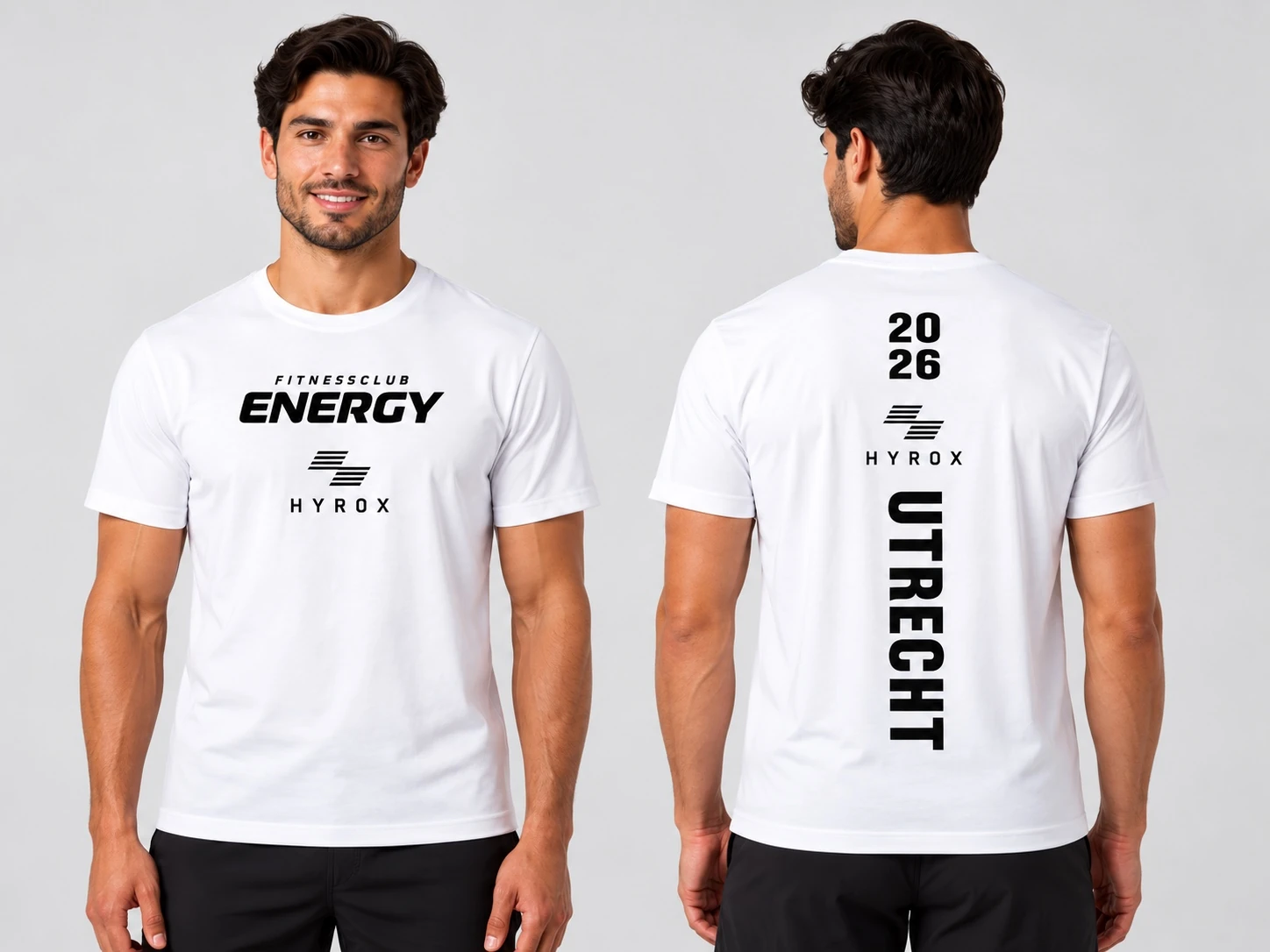 Heren T-shirt wit, voor- en achterzijde, Fitnessclub Energy HYROX Utrecht 2026