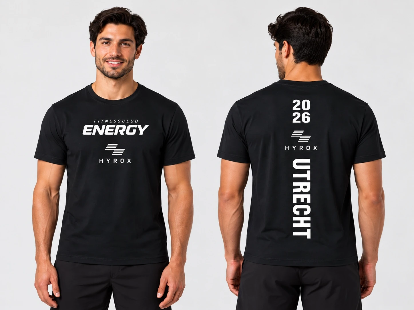 Heren T-shirt zwart, voor- en achterzijde, Fitnessclub Energy HYROX Utrecht 2026