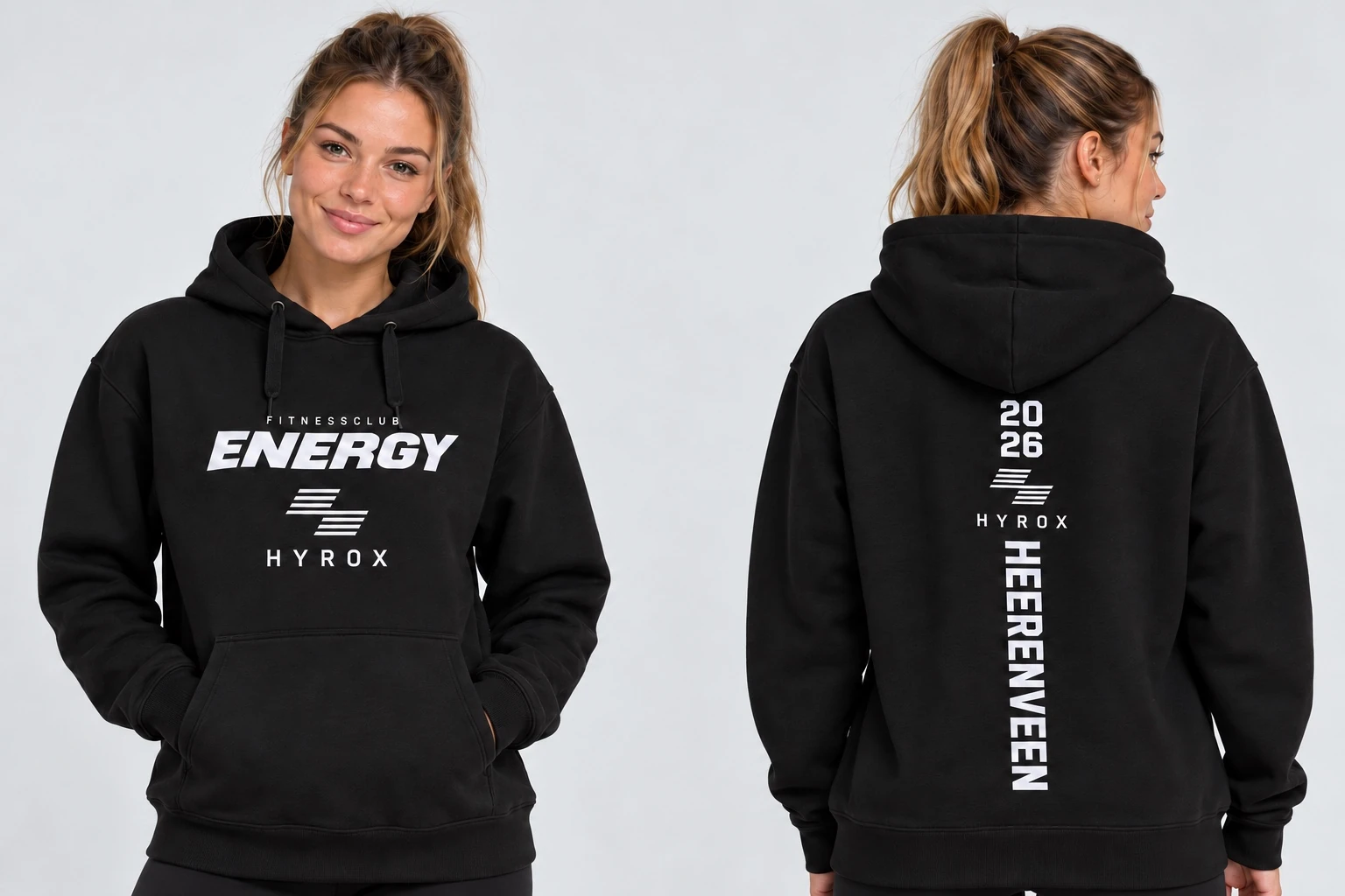 Dameshoodie zwart, voor- en achterzijde, Fitnessclub Energy HYROX Heerenveen 2026
