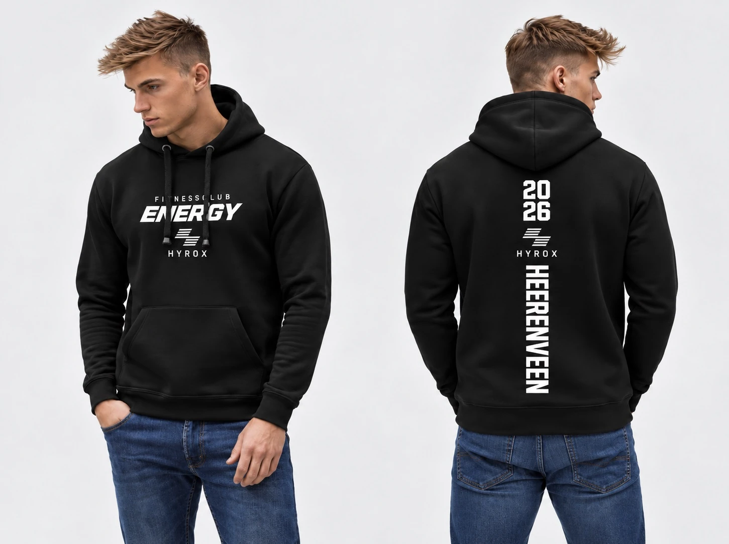 Herenhoodie zwart, voor- en achterzijde, Fitnessclub Energy HYROX Heerenveen 2026