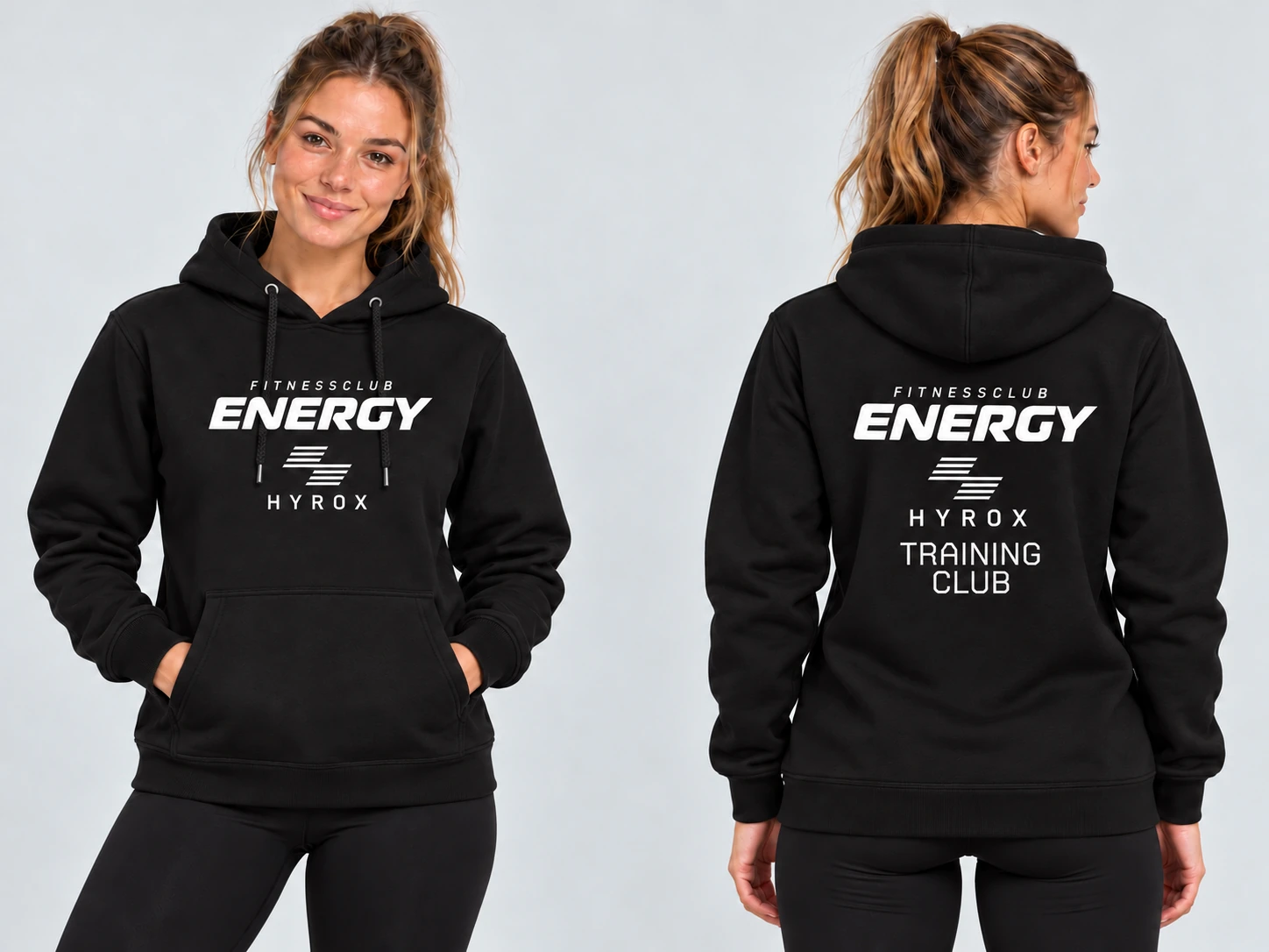 Dames HYROX Training Club hoodie zwart, voorzijde met Energy HYROX logo en achterzijde met Training Club print