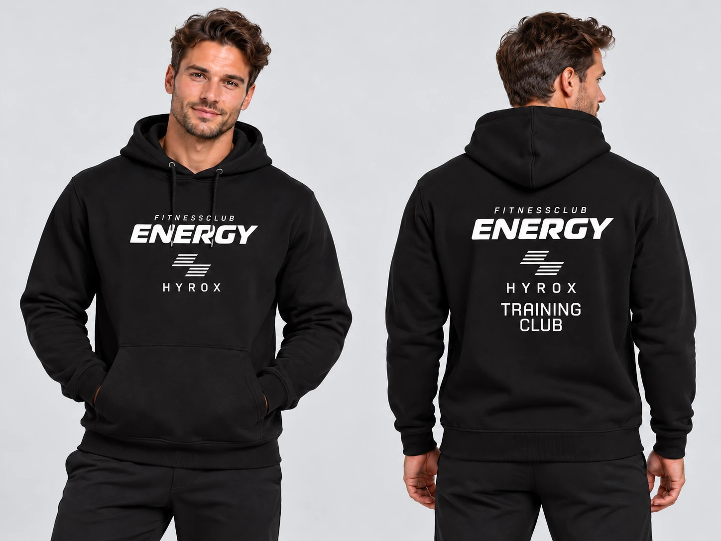 Heren HYROX Training Club hoodie zwart, voorzijde met Energy HYROX logo en achterzijde met Training Club print