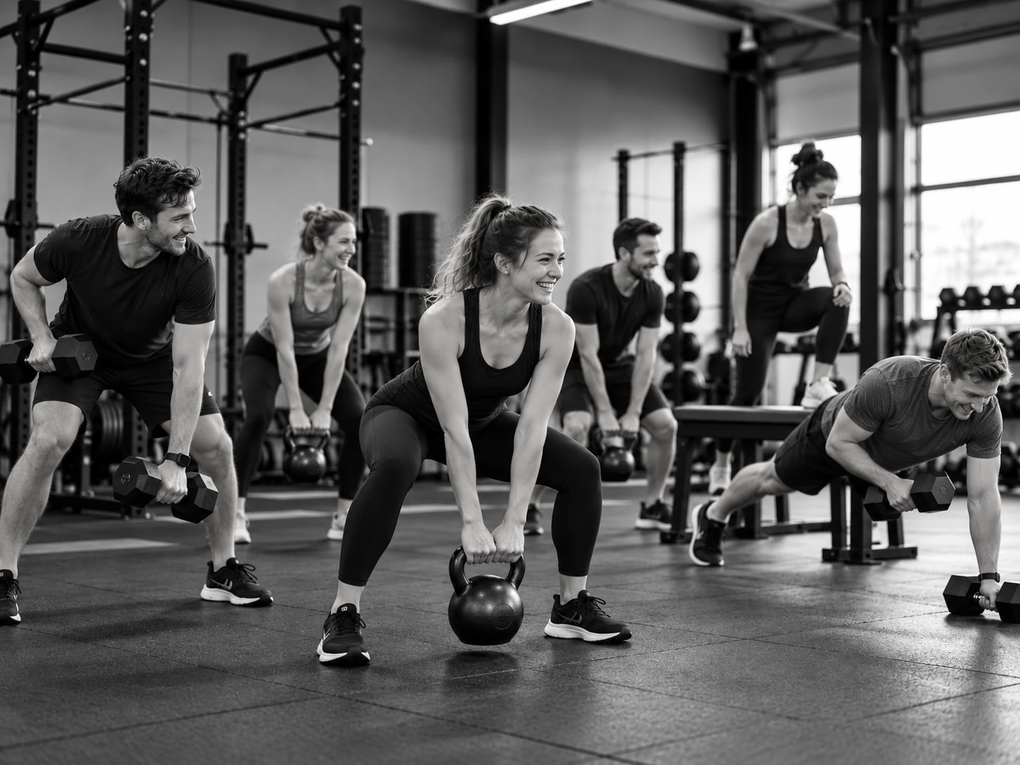 Deelnemers trainen gezamenlijk tijdens een begeleide groepstraining