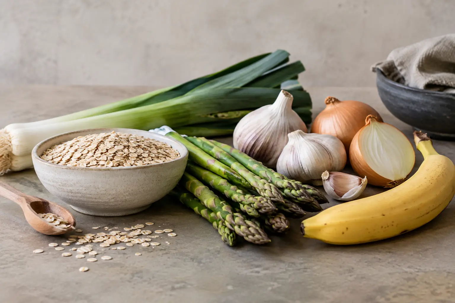 Prebiotische voedingsmiddelen met havermout, prei, knoflook, ui, asperges en een banaan
